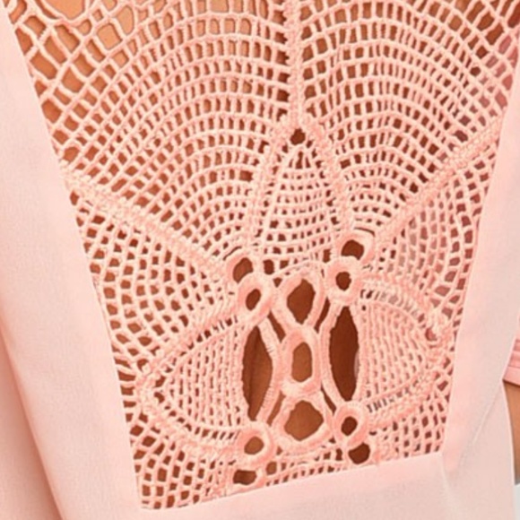 Peach Pink Lace Up Crochet Roll-Tab Blouse - Picture 4 of 7